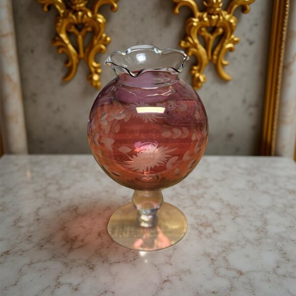 Hand Cut Cranberry Overlay Vase Deep Floral Design, Bohemian Style 8 inch Tall - Picture 5 of 9